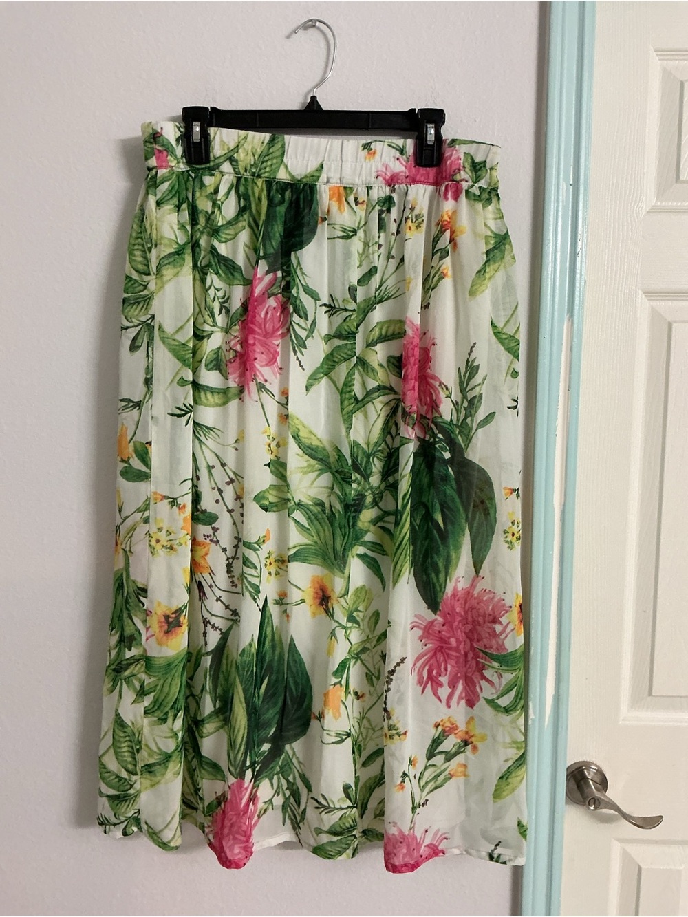 Sunny Leigh White Floral Midi Skirt with Pink & Green Botanical Print
